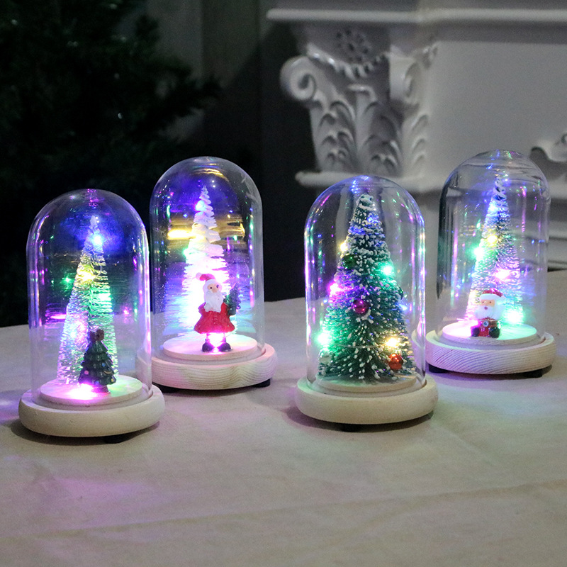 Cubierta de vidrio de madera decoración de árbol de Navidad luminoso mini árbol de Navidad regalo de Navidad decoraciones de Navidad cedro