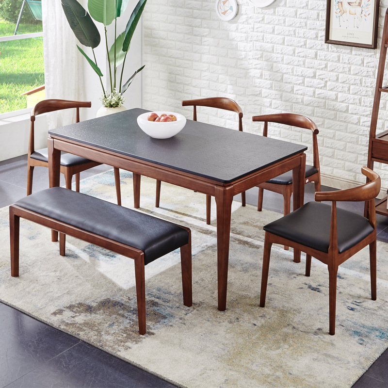 Mesa de comedor de madera maciza nórdica y combinación de sillas simple moderno pequeño apartamento mesa de comedor de mármol una Mesa seis sillas suministro directo de fábrica