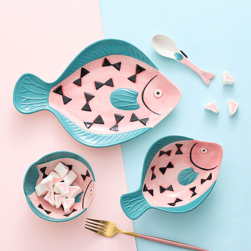 Japanese-style ceramic tableware suit hand-painted creative shark plate children's rice bowl spoon household bowl dish gift plate