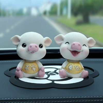 Car Accessories Ornaments Bobblehead Piggy Car Interior Cute Car Decoration Supplies Goddess Center Console Ornaments (Car ornaments) - golden-lucky-pig-safe-pig-camellia-pad