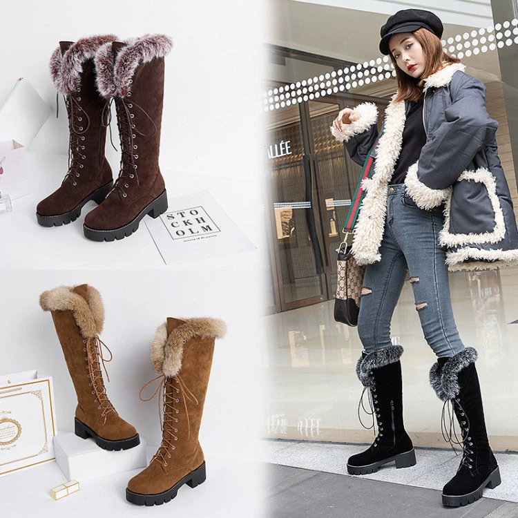 2021 Зимние новые высокие сапоги Martin, женские зимние сапоги на флисовой подкладке, матовые сапоги на шнуровке, на массивном каблуке, квадратном каблуке, большие размеры, внешняя торговля