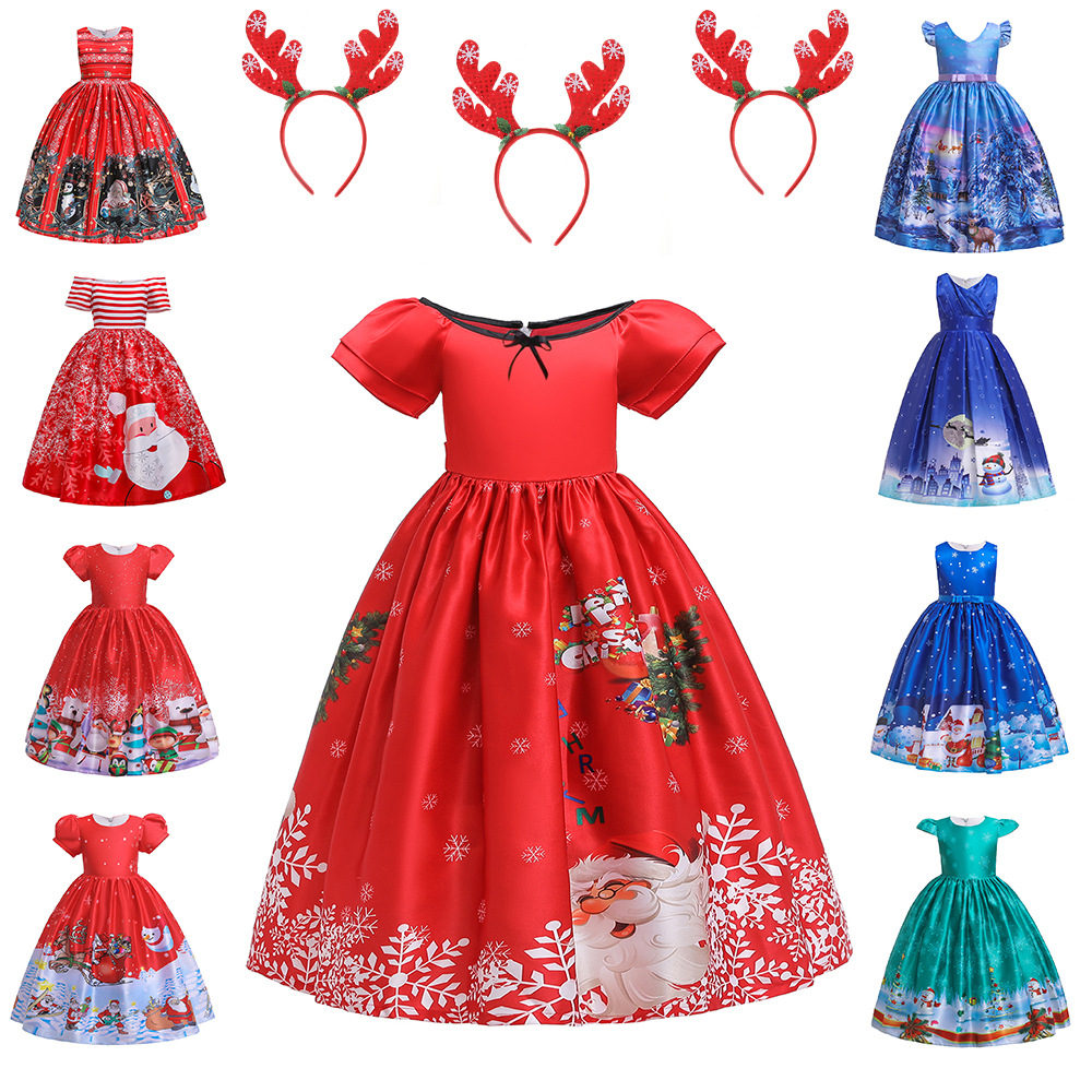 thumbnail image 2 of Vestido de Navidad para niños, vestido estampado de tela forjada, vestido de princesa para niña de Papá Noel navideño, 2 of 6