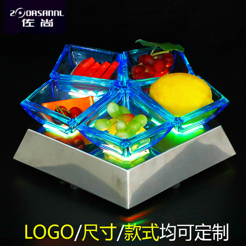Zuochang bar KTV plato de fruta luminosa merienda plato creativo merienda plato de fruta de acero inoxidable LED recargable