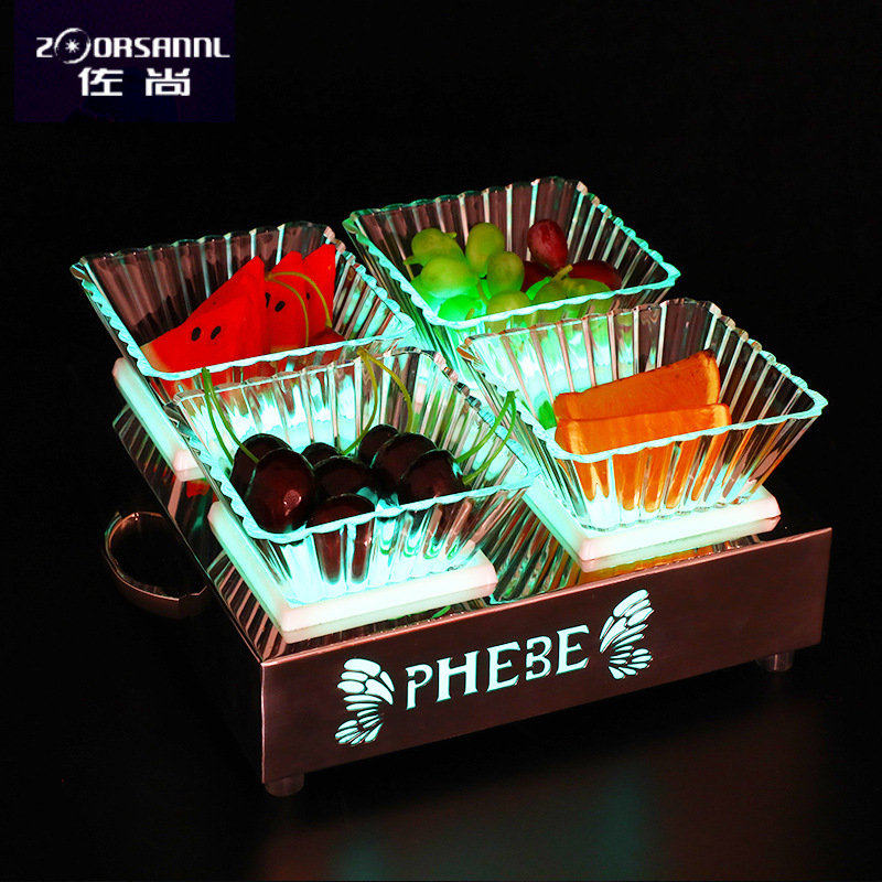 Zuochang bar KTV plato de fruta luminosa merienda plato creativo merienda plato de fruta de acero inoxidable LED recargable