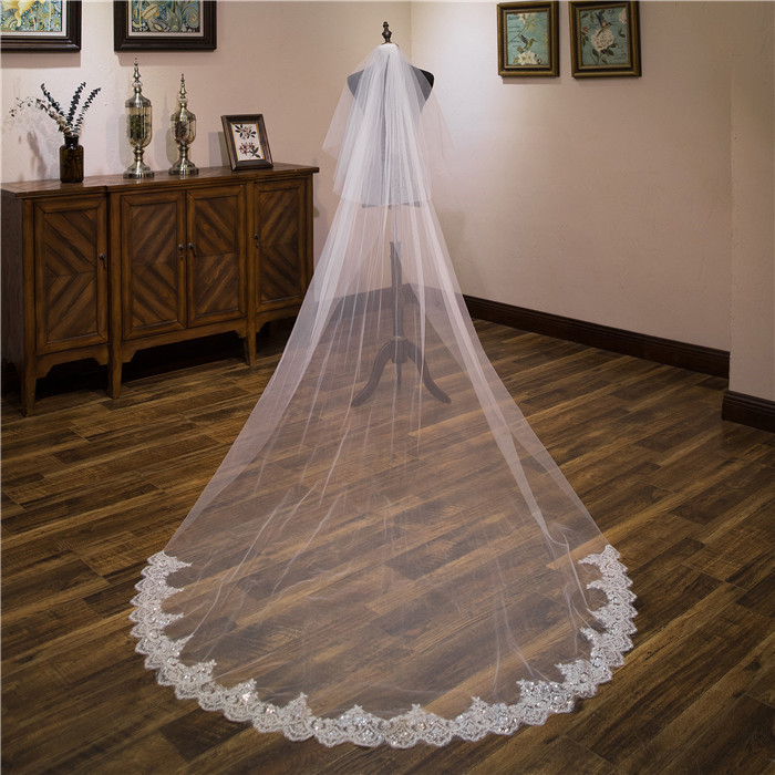 Wholesale Bridal Veil Hl104 Sequin Lace Double-Layer Veil with Comb Red Rhombus Veil with Crochet Pattern