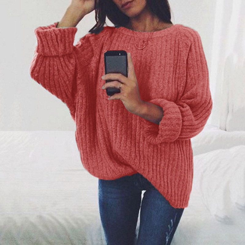 AliExpress popular color sólido gran cuello redondo manga larga suéter Europa y América suelta más tamaño de comercio exterior prendas de punto de las mujeres deseo