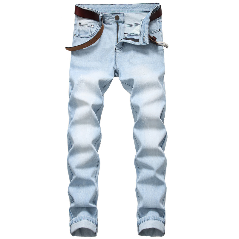 Men's Straight-Leg Slim-Fit Non-Stretch Cotton Jeans Light-Colored Men's Denim Trousers