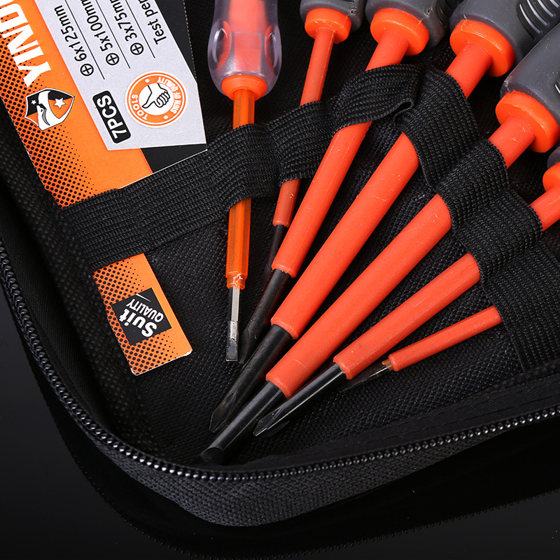 7pc mango de masaje de tres colores destornillador de electricista conjunto de combinación de bolsa de tela herramienta de mantenimiento de prueba eléctrica de la industria del hogar