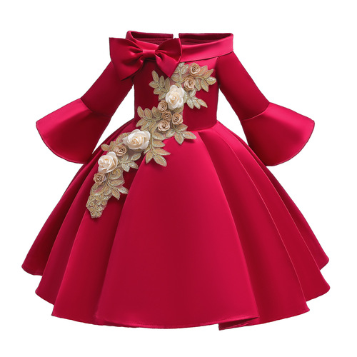 New children's dress, foreign trade satin children's dress, off-shoulder, short-sleeve dress for girls, children's formal dress, embroidered princess dress for children