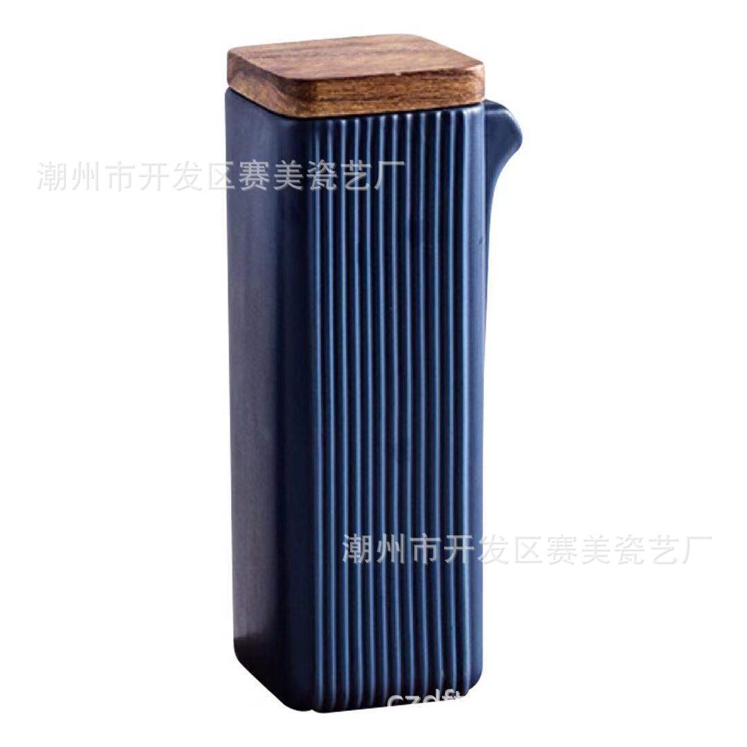 Creativo simple cuadrado recto grano condimento botella cocina suministros de dos piezas aceite vinagre olla cerámica condimento botella traje de madera bandeja