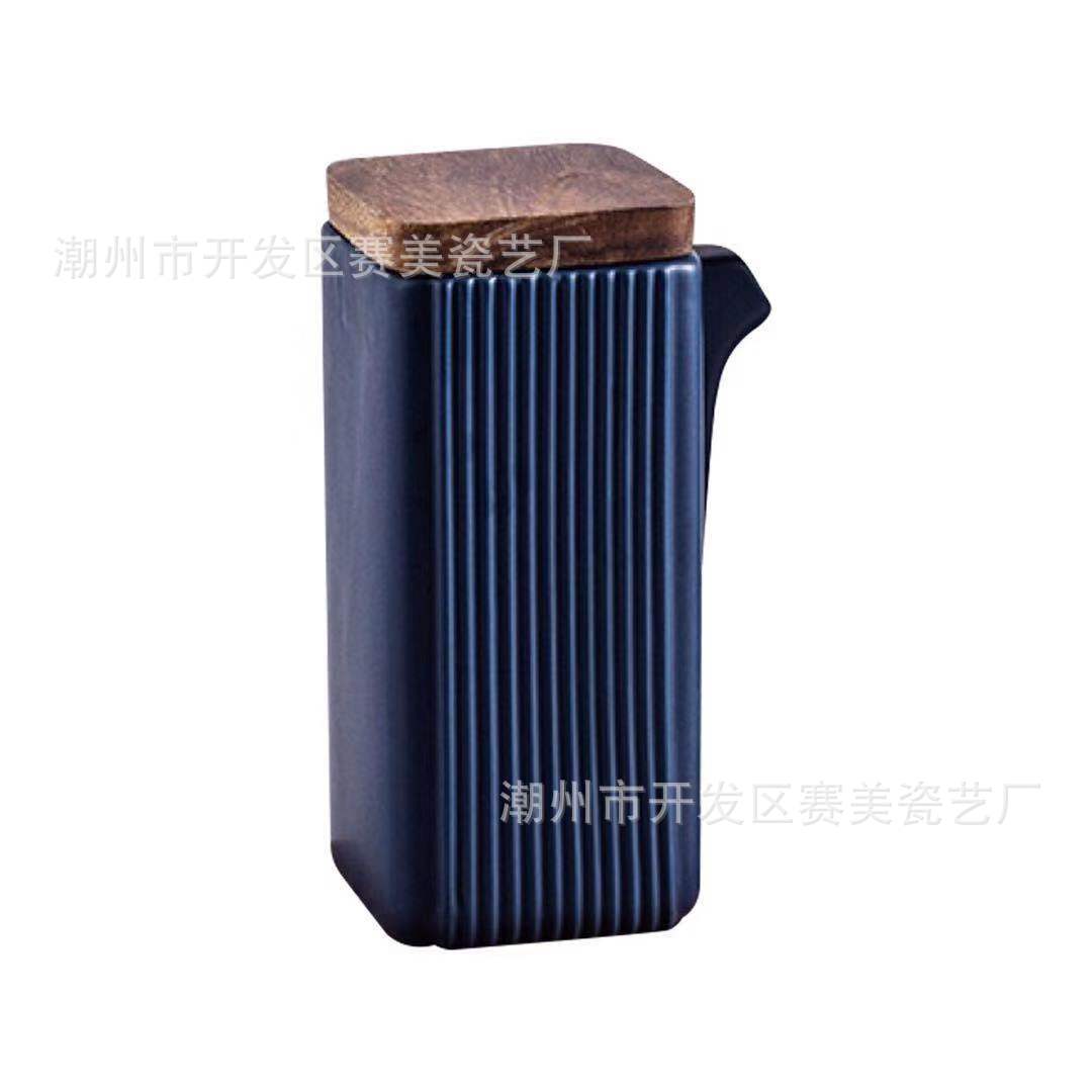 Creativo simple cuadrado recto grano condimento botella cocina suministros de dos piezas aceite vinagre olla cerámica condimento botella traje de madera bandeja