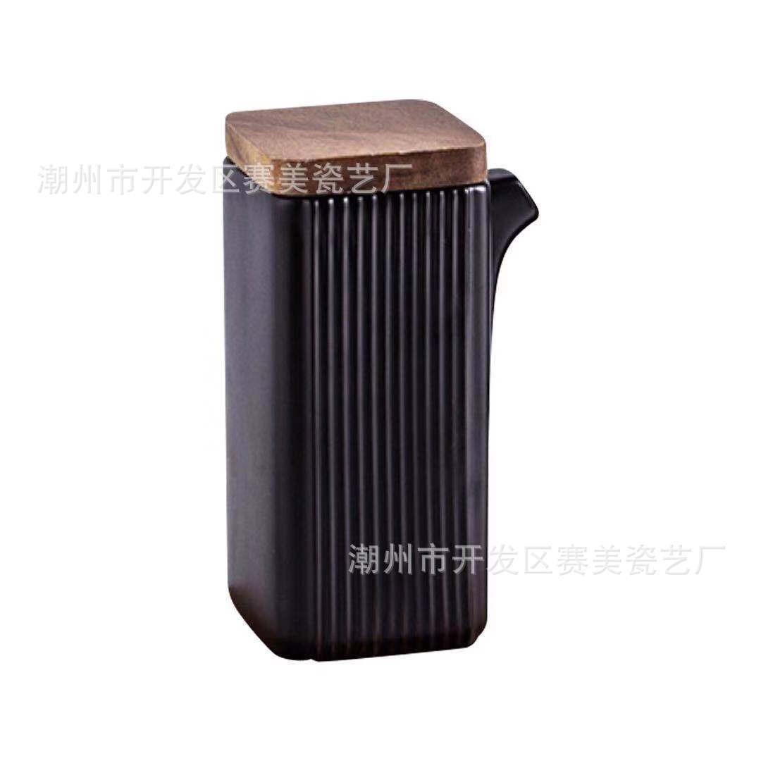 Creativo simple cuadrado recto grano condimento botella cocina suministros de dos piezas aceite vinagre olla cerámica condimento botella traje de madera bandeja