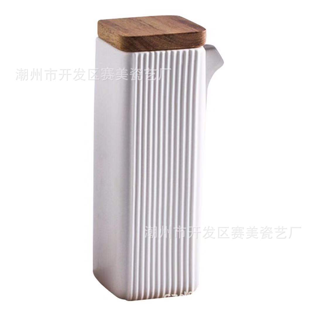 Creativo simple cuadrado recto grano condimento botella cocina suministros de dos piezas aceite vinagre olla cerámica condimento botella traje de madera bandeja