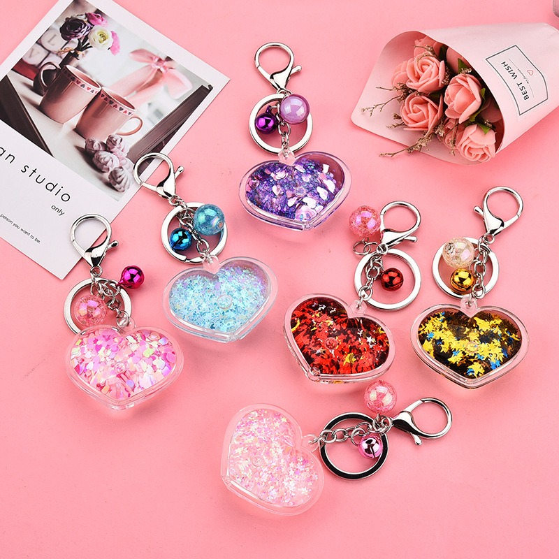 Acrylic Keychain Peach Heart Oil Glitter Liquid Accessories Bag Pendant Creative Bell Accessories Love Pendant