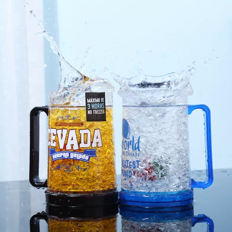 双层啤酒杯 礼品手柄杯凝胶冰杯 450ml塑料冰杯夏日冷饮冷冻杯