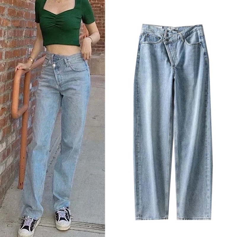European and American Asymmetric Design Misplaced Buckle Loose Jeans Straight Pants Women's 23 Spring New Wide Leg Torre Pants European and American Asymmetric Design Misplaced Buckle Loose Jeans Straight Pants Women's 23 Spring New Wide Leg Torre Pants