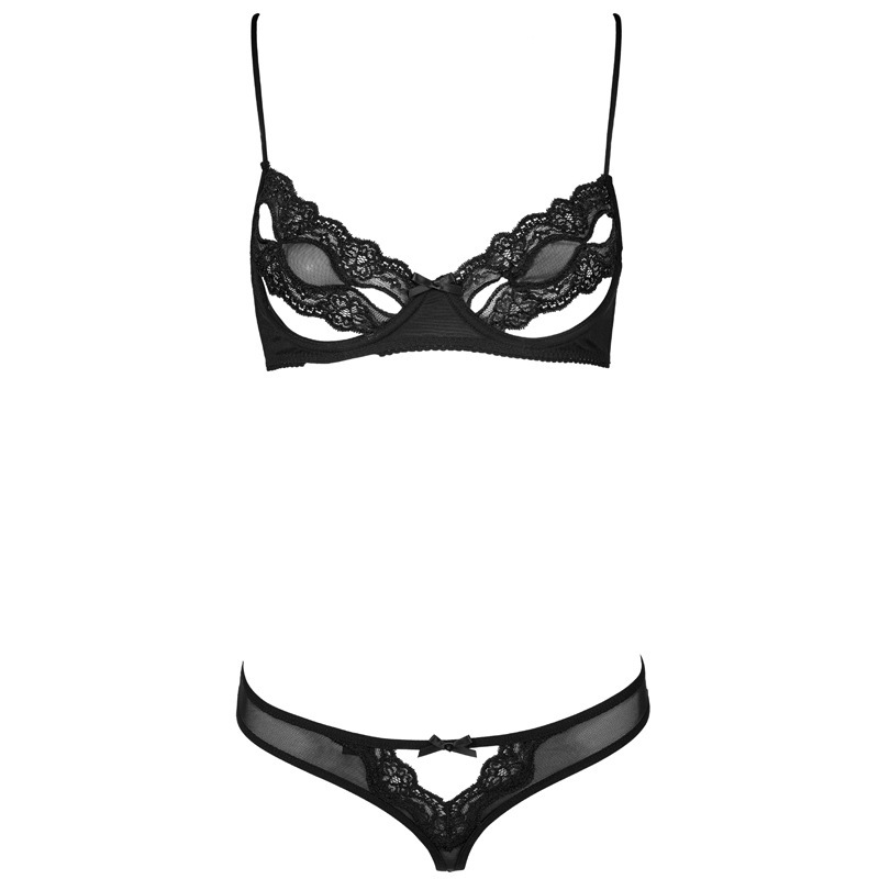 FQ2575 sexy lace hollow-out thin underwear with steel ring transparent back two-way mesh see-through bra suit Black