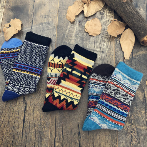 New products for autumn and winter, Japanese style thick needlework, medium and long tube ethnic style cotton socks for men, retro totem Harajuku trendy socks cross-border