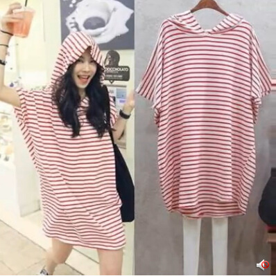 Summer New Bali Seaside Vacation Beach Dress Women's Large Size Korean Style Loose Hooded Short-Sleeved Striped Dress