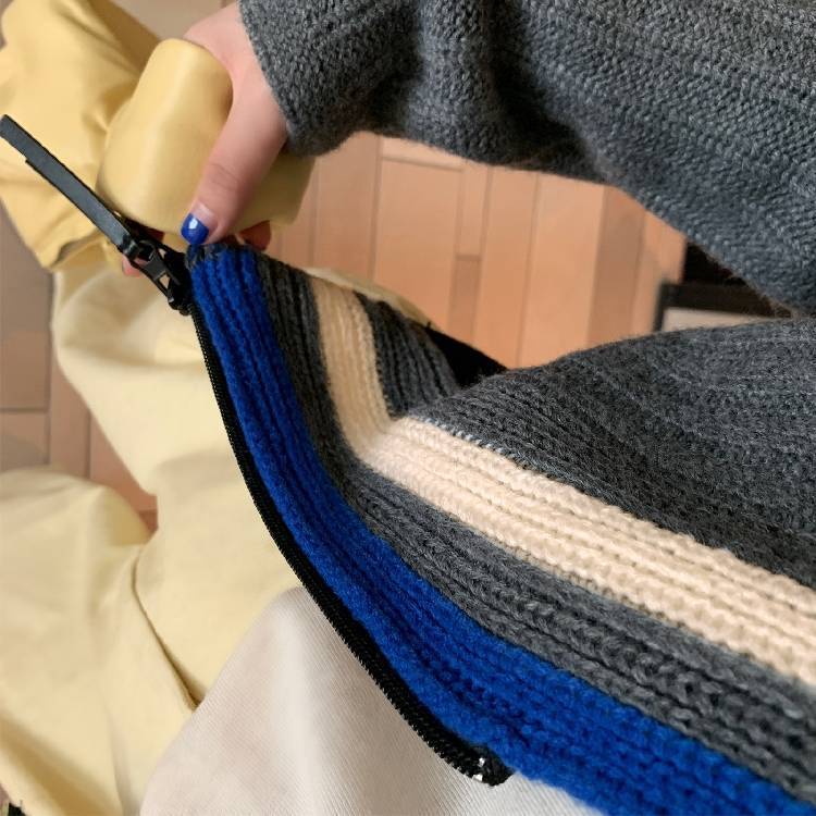 [in stock] MS Knitted Cardigan Women's Autumn New Mani Color Contrast Double Zipper Sweater Women's Coat