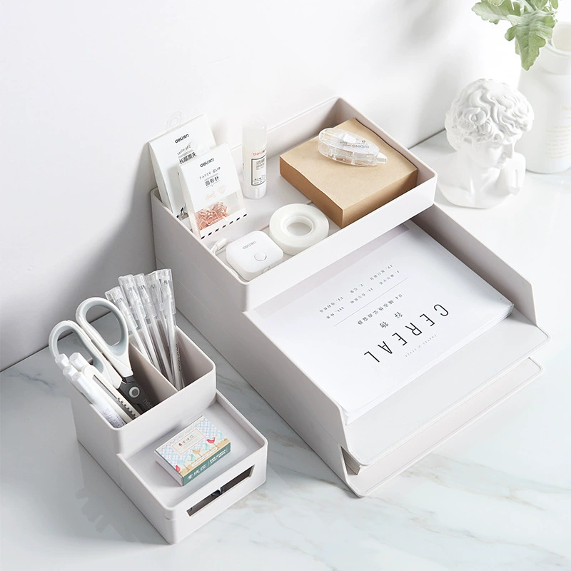 Document Folder Organizer, A4 Desk Storage Box, Simple Stackable Design, Gray/Light Blue