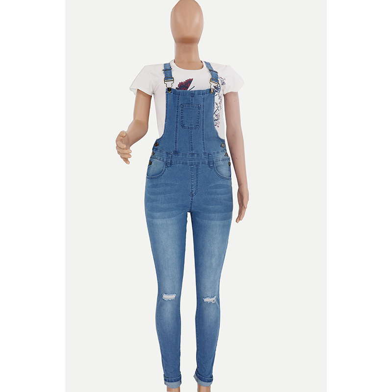 2023 Mujeres transfronterizas Amazon en stock transfronterizo europeo y americano rasgado vaqueros lavados wishebay tirantes Pantalones