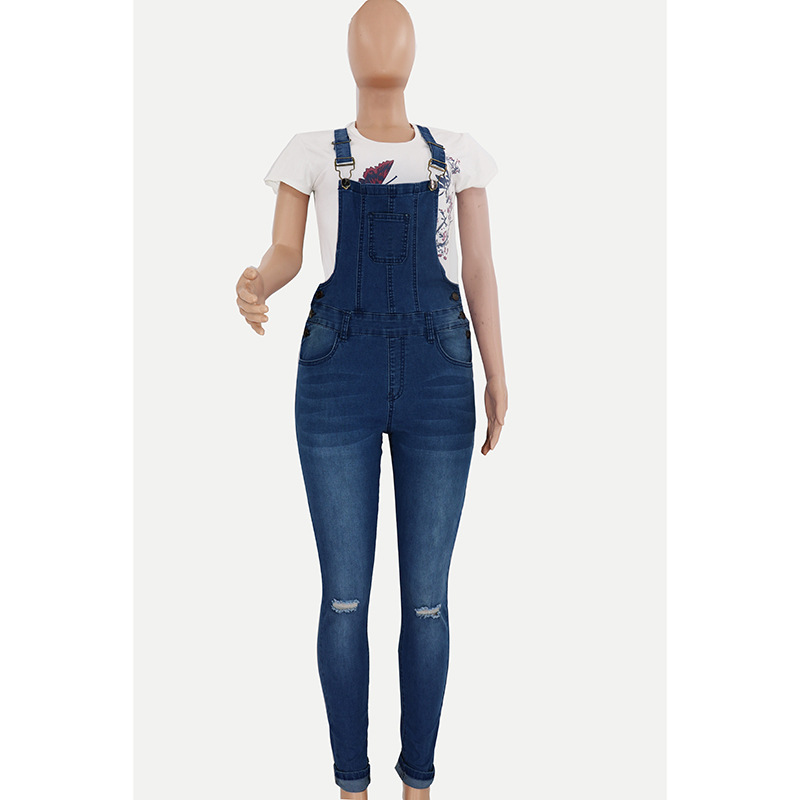 2023 Mujeres transfronterizas Amazon en stock transfronterizo europeo y americano rasgado vaqueros lavados wishebay tirantes Pantalones
