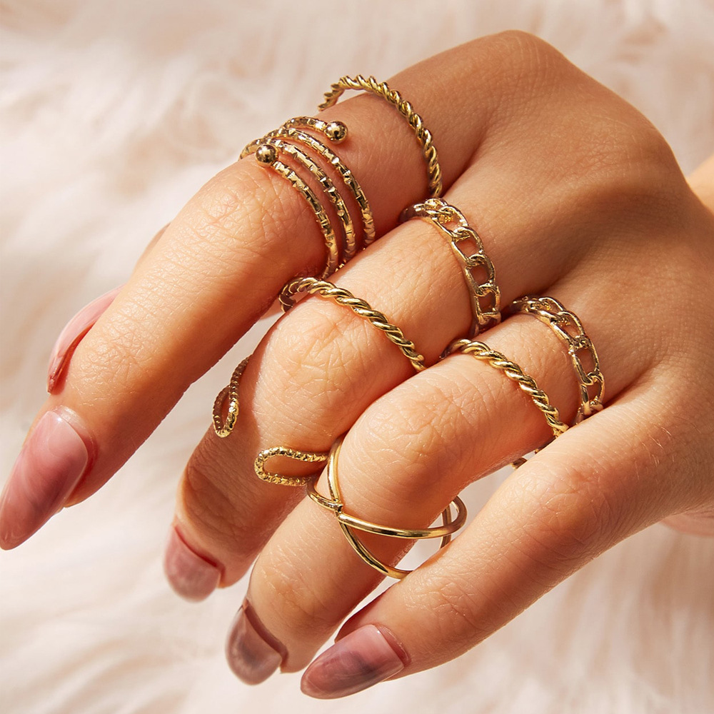 European and American Cross-Border New Creative Retro Simple Multi-Layered Cross-Opening Twist Joint Ring Set 8-Piece Set