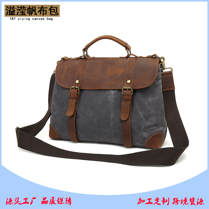 Cross-border supply of computer bags wholesale waxed canvas computer backpack travel bag leather briefcase shoulder bag