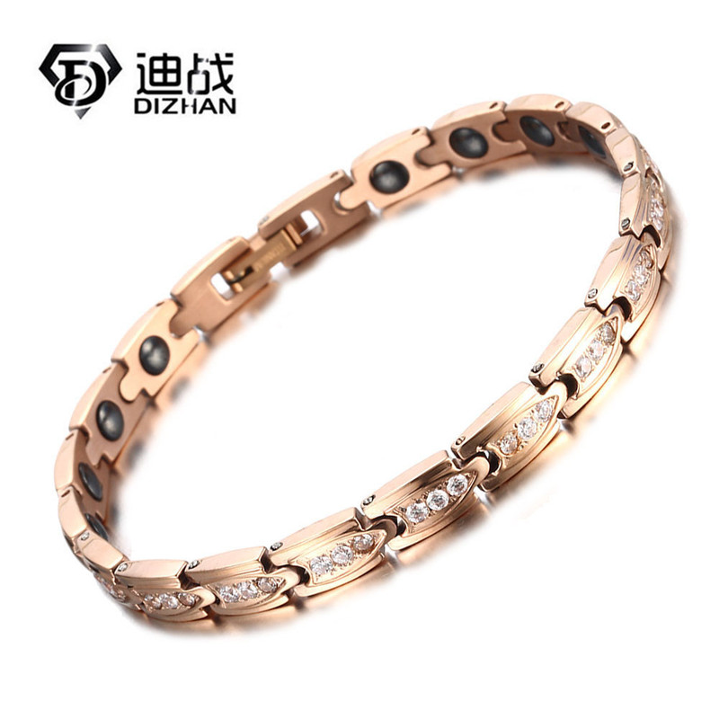 Elegant Rose Gold Stainless Steel Bracelet Zircon Black Gallstone Healthy Medical Women Bracelet Birthday Gift