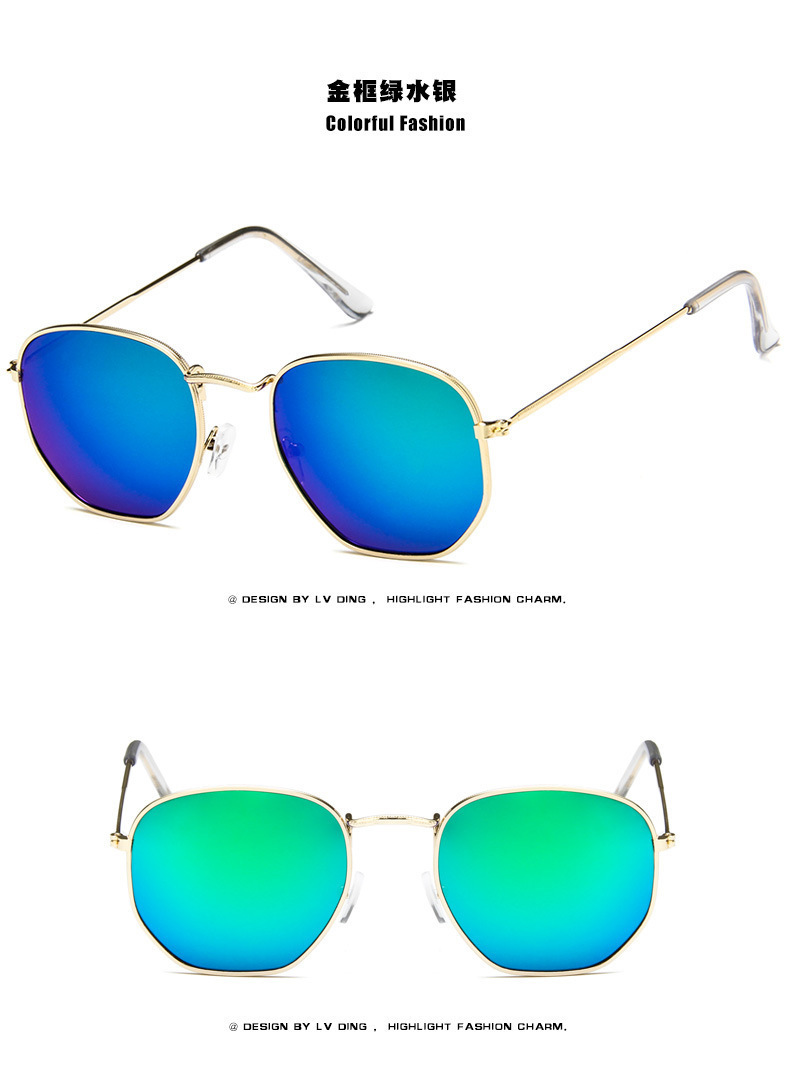 Nuevo metal marco polígono gafas de sol moda europea y americana pequeño marco colorido Mercurio océano gafas de sol al por mayor 3548