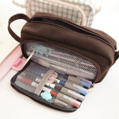 Student solid color stationery box Korean simple hand carry large capacity double layer thickened cotton and linen canvas pencil case hand carry