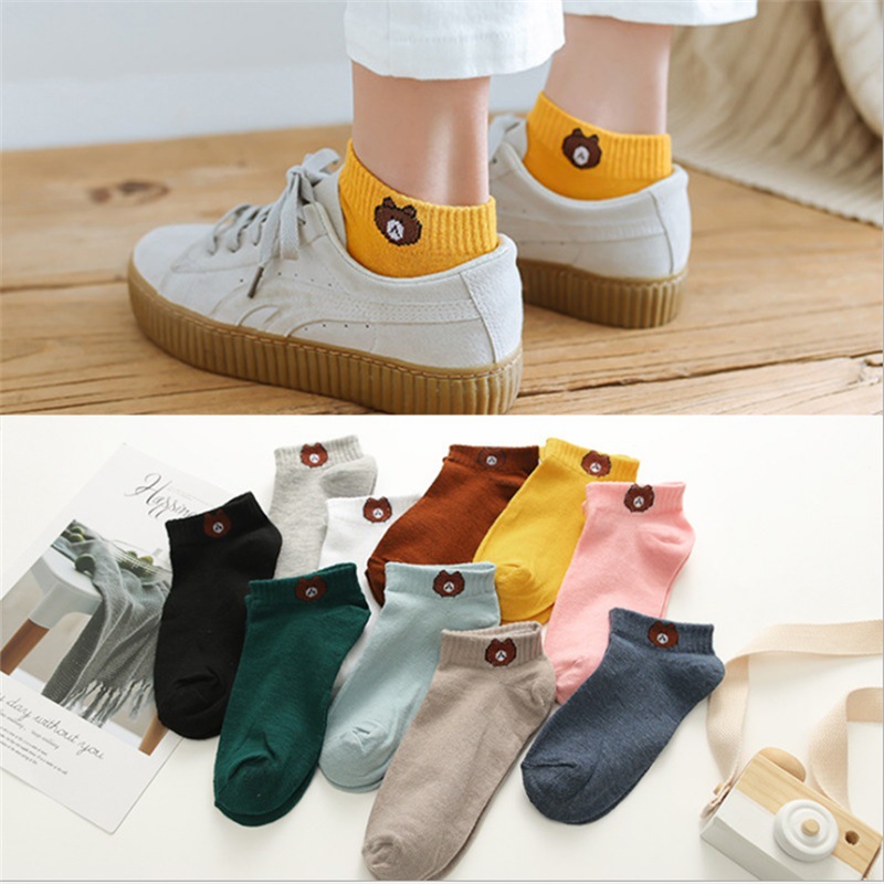 Lindo oso cabeza de estilo japonés barco Calcetines 10 colores bolsa de regalo calcetines de cuatro estaciones para mujer Calcetines de algodón de poliéster de tubo corto entrega de una pieza
