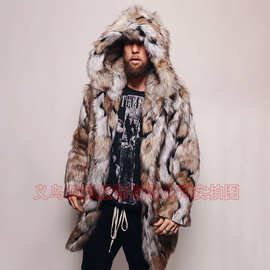 新款欧美男士皮毛一体外套连帽中长款个性仿皮草外套男狐狸毛大衣