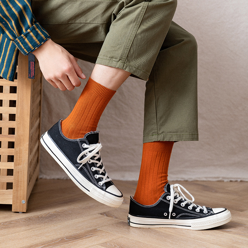 봄, 가을 신상 남성용 단색 중목 양말, 심플한 세로 줄무늬 핏줄 디자인, 대학 스타일, 다용도 스포츠 면 양말