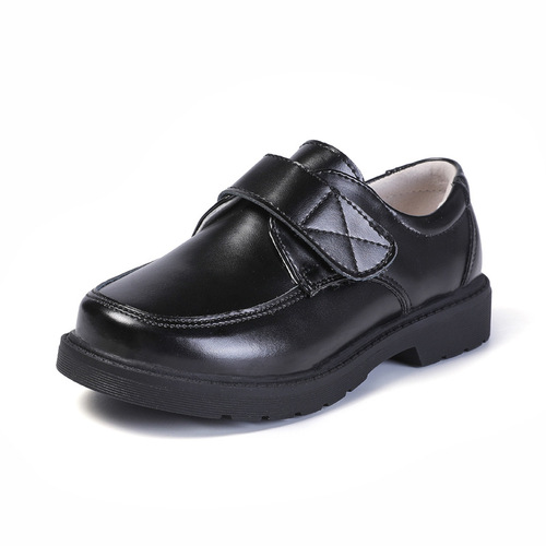 Boys' Leather Shoes for Spring and Autumn, Trendy Plus-Size Cross-Border Design, Black Velcro Style, Casual Korean-Style Performance Shoes for Older Kids and Students