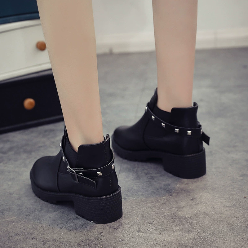 Low Boots (Martens) Korean Style Ankle Boots, Black, Studded Strap, Chunky Heel
