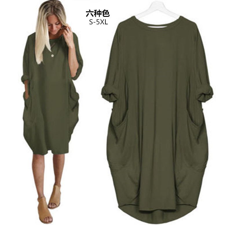 Factory direct sale wish AliExpress foreign trade women's casual loose pocket long sleeve plus size fat sister dress