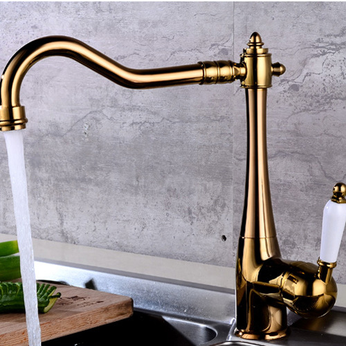 El comercio exterior de estilo Europeo de latón giratorio cocina Cuenca del fregadero de la cocina lavabo de cerámica manija de Oro caliente y fría grifo antiguo