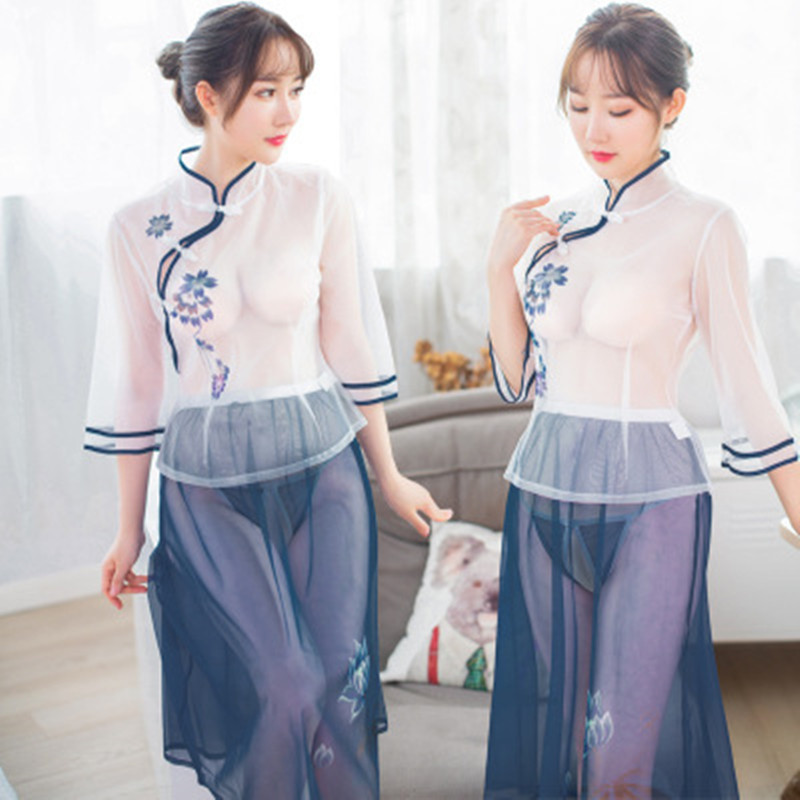 Transparent Mesh Retro Republic of China Student Style Uniform Suit Open Crotch No Need to Take Off Sexy Intimates Passionate Temptation 6062