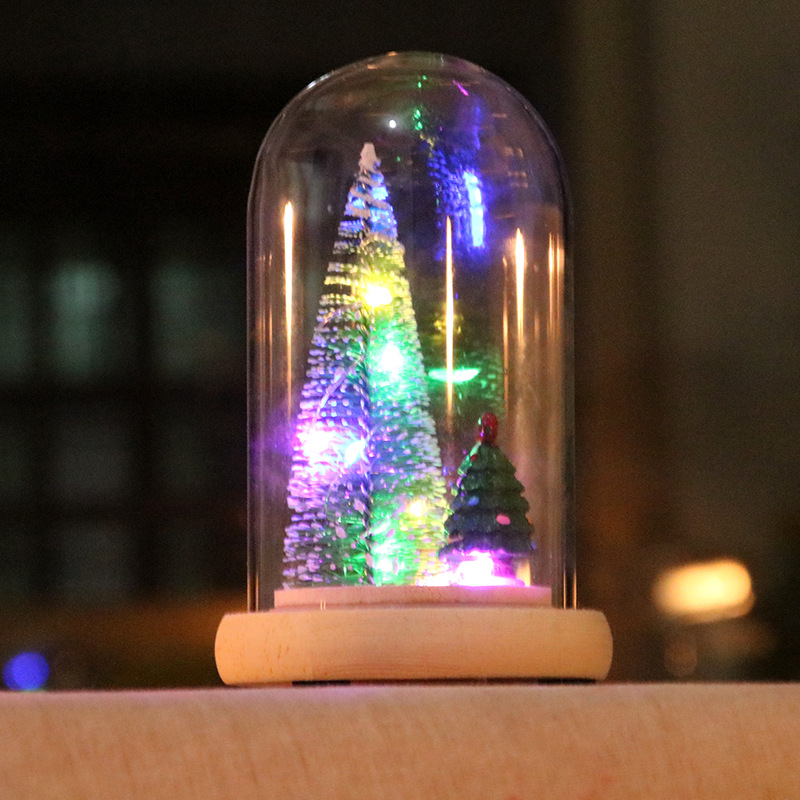 Cubierta de vidrio de madera decoración de árbol de Navidad luminoso mini árbol de Navidad regalo de Navidad decoraciones de Navidad cedro