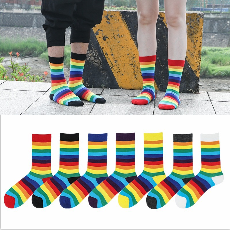 Calcetines de algodón arco iris de alta-top de moda de colores a rayas estilo preppy pila Calcetines