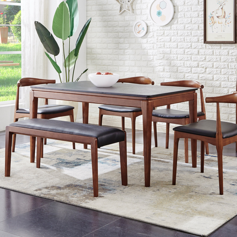 Mesa de comedor de madera maciza nórdica y combinación de sillas simple moderno pequeño apartamento mesa de comedor de mármol una Mesa seis sillas suministro directo de fábrica