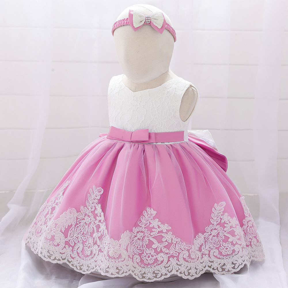 Amazon nueva princesa infantil vestido de los niños arco femenino costura lavado vestido 1-3Y vestido de encaje