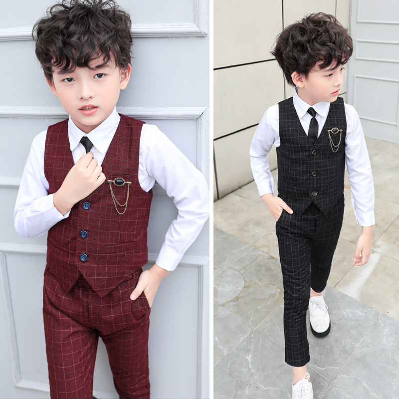 Boys' Autumn Suit New 2025 Handsome Plaid Dress Korean Style Children's Host Performance Vest Two-Piece Trendy Set Boys' Autumn Suit New 2025 Handsome Plaid Dress Korean Style Children's Host Performance Vest Two-Piece Trendy Set