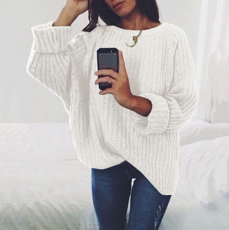 AliExpress popular color sólido gran cuello redondo manga larga suéter Europa y América suelta más tamaño de comercio exterior prendas de punto de las mujeres deseo