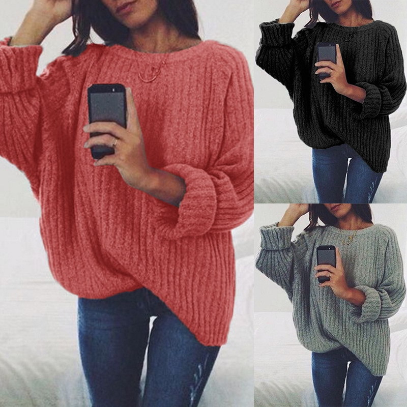 AliExpress popular color sólido gran cuello redondo manga larga suéter Europa y América suelta más tamaño de comercio exterior prendas de punto de las mujeres deseo