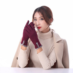 女士毛口三扣秋冬手套不倒絨棉加絨保暖手套可愛學生騎行觸屏手套