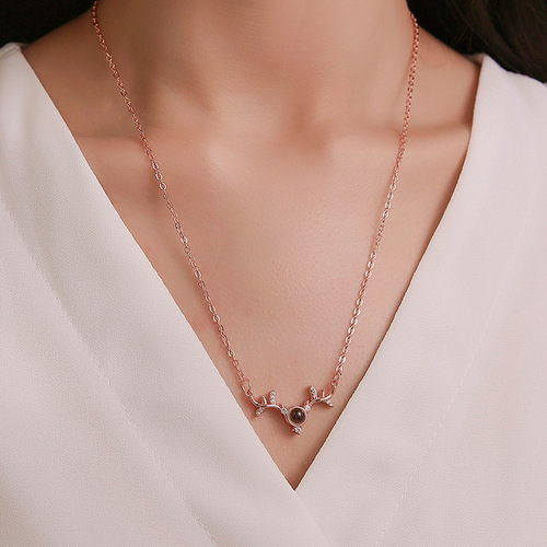 One Way With You Deer Antler Necklace for Women, 100 Languages I Love You Lock Chain Same Style Projecting Pendant Necklace