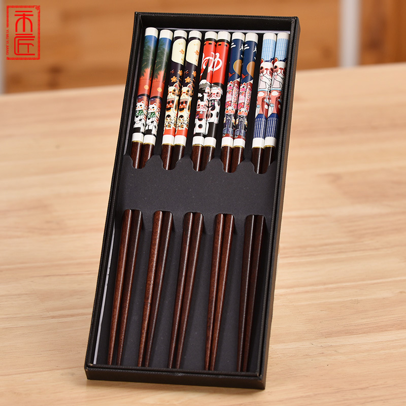 厂家批发日式尖头料理筷子5双礼品盒装木质创意卡通猫咪筷子家用